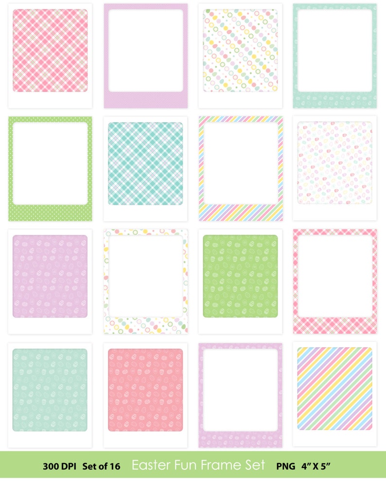 May include: Set of 16 digital Easter-themed photo frames with various pastel patterns, including gingham, polka dots, stripes, and eggs. Each frame is 10.16 cm by 12.7 cm and 300 DPI.