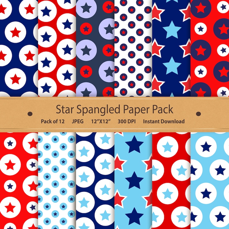 May include: A set of 12 digital paper patterns featuring red, white, and blue stars and circles. The patterns are perfect for scrapbooking, card making, and other crafting projects.  Star Spangled Paper Pack. Pack of 12 JPEG 12"X12" 300 DPI Instant Download