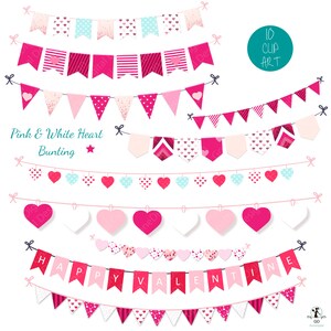 May include: Ten digital clip art images of pink and white heart bunting. The bunting is in various styles, including hearts, stripes, and polka dots. The text "Pink & White Heart Bunting" and "10 Clip Art" are included in the image.