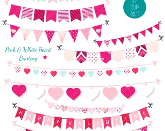 Valentine Bunting Banner Clipart: Pink & White Heart Garland (Digital Download)