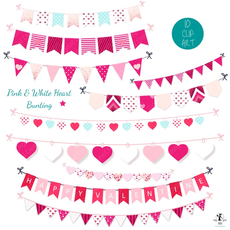 May include: Ten digital clip art images of pink and white heart bunting. The bunting is in various styles, including hearts, stripes, and polka dots. The text "Pink & White Heart Bunting" and "10 Clip Art" are included in the image.