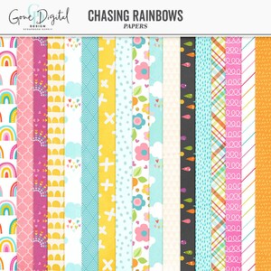 May include: A set of 16 digital papers featuring a rainbow, hearts, clouds, flowers, carrots, and other patterns in a bright colour palette of pink, yellow, blue, and green. The papers are labelled "Chasing Rainbows".