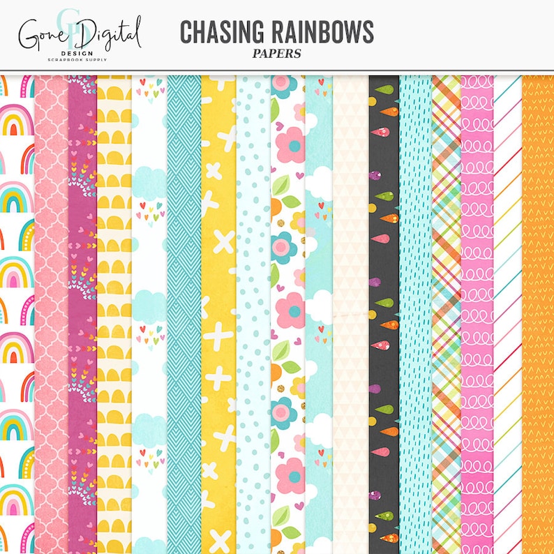 May include: A set of 16 digital papers featuring a rainbow, hearts, clouds, flowers, carrots, and other patterns in a bright colour palette of pink, yellow, blue, and green. The papers are labelled "Chasing Rainbows".