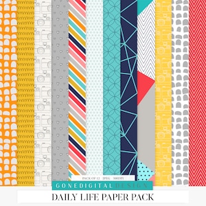 May include: A set of 12 digital paper patterns in various colors and designs. The patterns include geometric shapes, stripes, polka dots, and camera icons. The text "PACK OF 12 JPEG 300DPI" and "GONEDIGITAL DESIGN" is at the bottom of the image. The text "DAILY LIFE PAPER PACK" is at the bottom of the image.