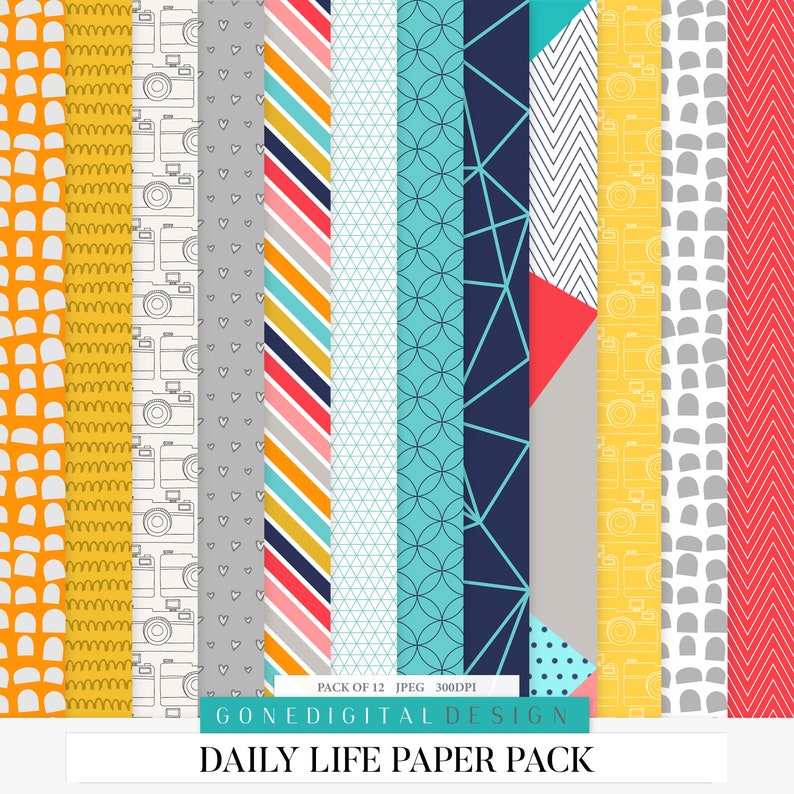 May include: A set of 12 digital paper patterns in various colors and designs. The patterns include geometric shapes, stripes, polka dots, and camera icons. The text "PACK OF 12 JPEG 300DPI" and "GONEDIGITAL DESIGN" is at the bottom of the image. The text "DAILY LIFE PAPER PACK" is at the bottom of the image.