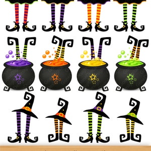 May include: Set of 12 witch feet Halloween clipart images. The images feature witch legs with different colored striped stockings and black shoes. Some images include a witch's hat and a cauldron with bubbling green, orange, or purple liquid.