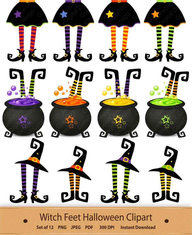 May include: Set of 12 witch feet Halloween clipart images. The images feature witch legs with different colored striped stockings and black shoes. Some images include a witch's hat and a cauldron with bubbling green, orange, or purple liquid.