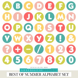 May include: A set of 210 colorful, circular, summer-themed alphabet and number clipart images. Each image features a white letter or number on a bright background color. The colors include red, yellow, green, blue, and pink.