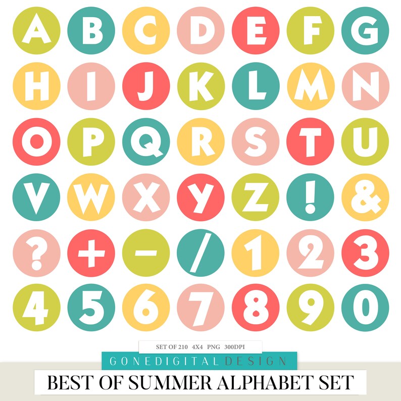 May include: A set of 210 colorful, circular, summer-themed alphabet and number clipart images. Each image features a white letter or number on a bright background color. The colors include red, yellow, green, blue, and pink.