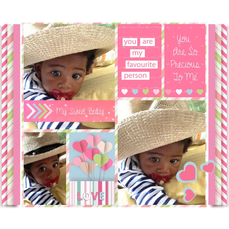 Pu&ograve; includere: Un collage di foto di un bambino che indossa un cappello di paglia. Le foto sono disposte in una griglia con sovrapposizioni di testo che dicono "My Sweet Baby", "You are my favorite person", "You are so precious to me" e "LOVE".