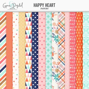 Puede incluir: Un conjunto de 12 papeles digitales con varios patrones en rosa, azul, naranja y blanco. Los patrones incluyen lunares, corazones, tri&aacute;ngulos, cuadros y dise&ntilde;os florales. El texto "HAPPY HEART PAPERS" est&aacute; en la parte superior de la imagen.