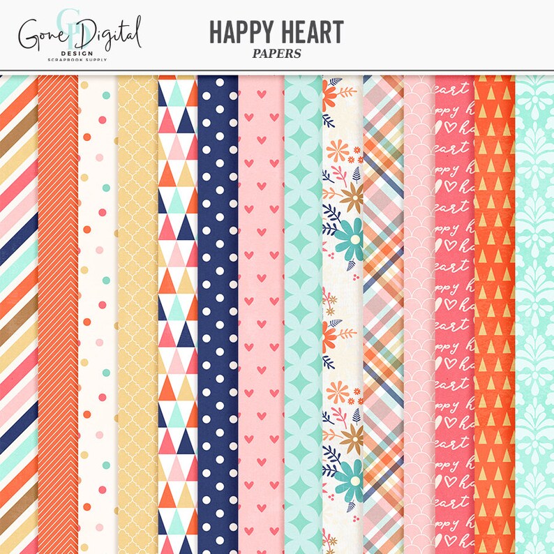 Puede incluir: Un conjunto de 12 papeles digitales con varios patrones en rosa, azul, naranja y blanco. Los patrones incluyen lunares, corazones, tri&aacute;ngulos, cuadros y dise&ntilde;os florales. El texto "HAPPY HEART PAPERS" est&aacute; en la parte superior de la imagen.