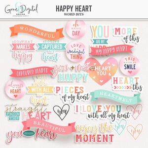 Puede incluir: Un conjunto de papeles digitales para scrapbooking coloridos con dise&ntilde;os en forma de coraz&oacute;n y frases rom&aacute;nticas como "You + Me = Happy", "Love is a Wonderful Thing", y "I Love You with All My Heart".