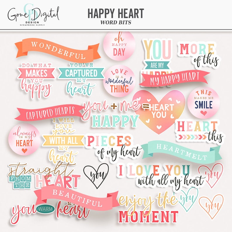 Puede incluir: Un conjunto de papeles digitales para scrapbooking coloridos con dise&ntilde;os en forma de coraz&oacute;n y frases rom&aacute;nticas como "You + Me = Happy", "Love is a Wonderful Thing", y "I Love You with All My Heart".