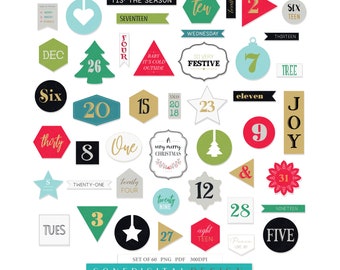 December Daily Elements Set Digital Clipart Scrapbook Basic Embellishment Christmas Tree Art Snowflake Christmas Numbers Countdown Word Date