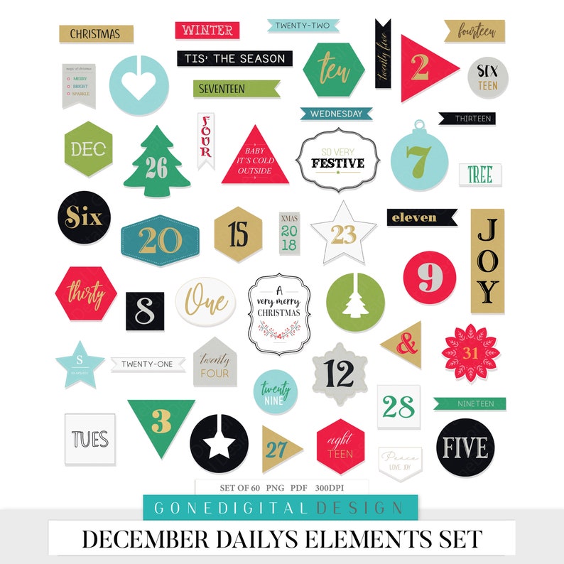 Pu&ograve; includere: Un set di 60 illustrazioni digitali per i planner giornalieri di dicembre. Le illustrazioni presentano una variet&agrave; di design a tema natalizio, tra cui alberi, stelle, ornamenti e numeri. Le illustrazioni sono in una variet&agrave; di colori, tra cui rosso, verde, blu e oro. Le illustrazioni sono perfette per aggiungere un tocco festivo al tuo planner giornaliero di dicembre.