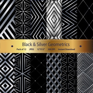 K&ouml;nnte beinhalten: Ein Set mit 12 digitalen Papiermustern mit schwarzen und silbernen geometrischen Designs. Die Muster sind 30,5 cm x 30,5 cm gro&szlig; und haben eine Aufl&ouml;sung von 300 DPI.  Black & Silver Geometrics Pack of 12 JPEG 12"X12" 300 DPI Instant Download