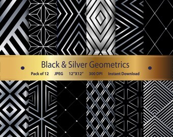 Black and Silver Geometric Paper Pack, Scrapbook and Cardmaking (Digital Download)