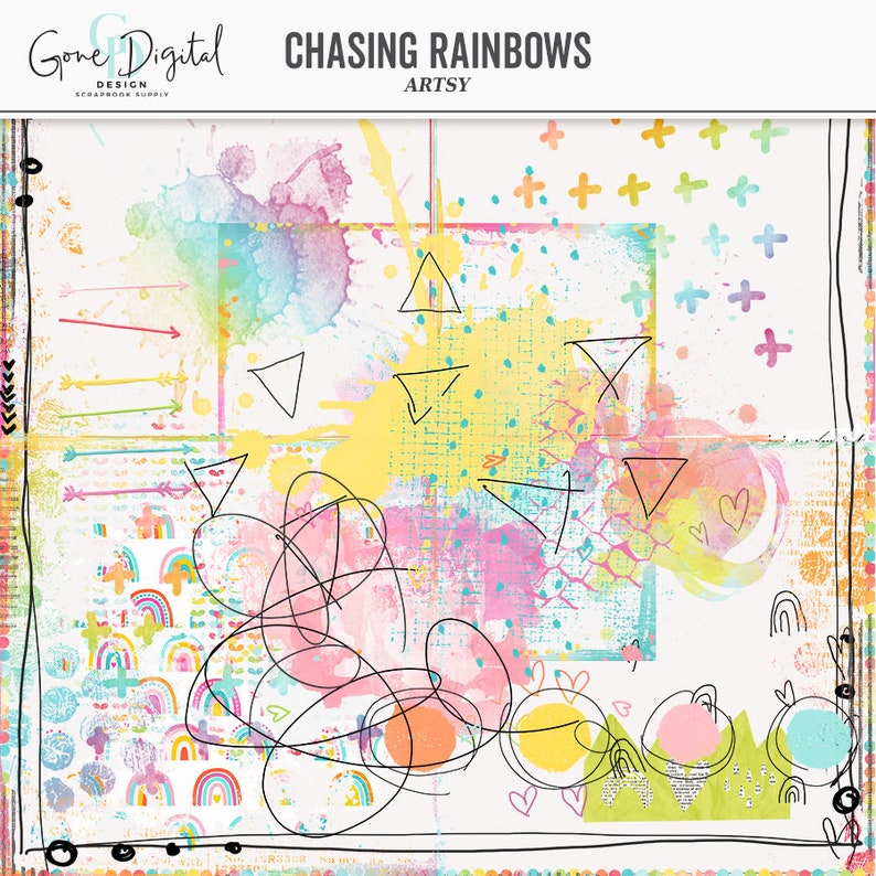 May include: A digital art collage with a white background and colorful abstract shapes, including rainbows, hearts, arrows, and plus signs. The text "Chasing Rainbows" and "Arts" is visible in the top left corner of the image.