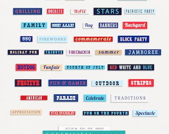 Fourth of July Word Strips: Patriotic Clipart (PNG, PDF)