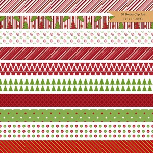May include: Set of 20 digital Christmas border clip art images in red, green, and white. Each image is 12 inches by 1 inch and is in JPEG format.