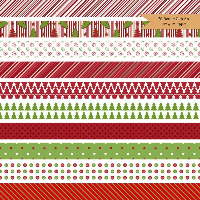 May include: Set of 20 digital Christmas border clip art images in red, green, and white. Each image is 12 inches by 1 inch and is in JPEG format.