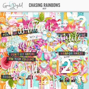 May include: A digital scrapbooking kit with a rainbow theme. The kit includes colorful papers, elements, and alphabetic letters. The text "Chasing Rainbows" is at the top of the image.