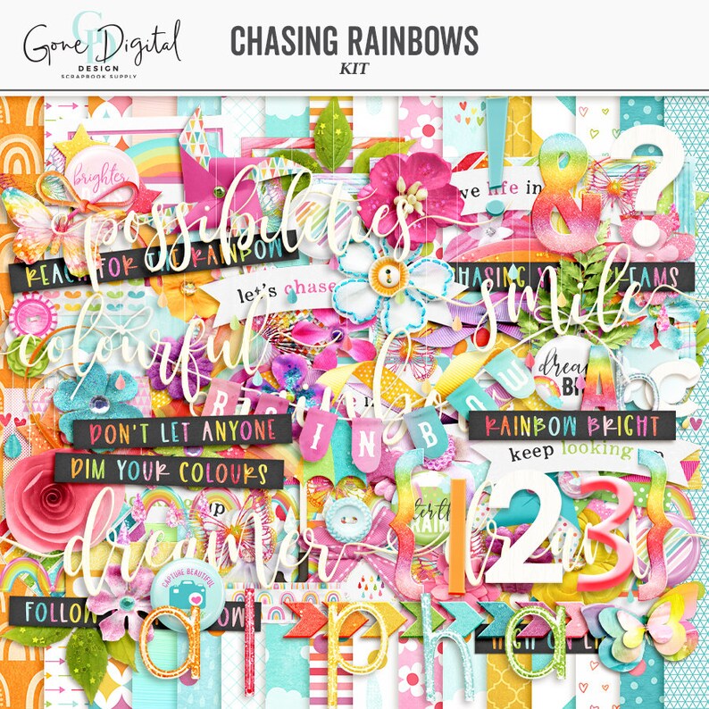 May include: A digital scrapbooking kit with a rainbow theme. The kit includes colorful papers, elements, and alphabetic letters. The text "Chasing Rainbows" is at the top of the image.