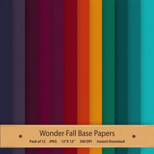 May include: A set of 12 digital paper backgrounds in various shades of fall colors, including purple, red, orange, yellow, green, and blue. The papers are 12 inches by 12 inches and 300 DPI. Wonder-Fall Base Papers. Pack of 12 JPEG 12"X12" 300 DPI Instant Download
