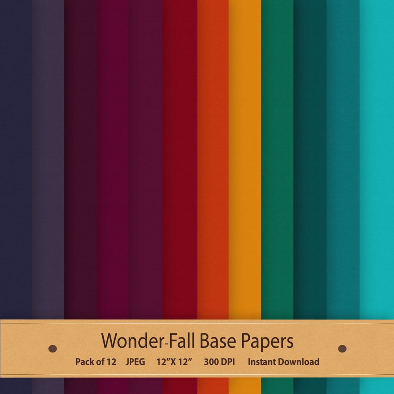 May include: A set of 12 digital paper backgrounds in various shades of fall colors, including purple, red, orange, yellow, green, and blue. The papers are 12 inches by 12 inches and 300 DPI. Wonder-Fall Base Papers. Pack of 12 JPEG 12"X12" 300 DPI Instant Download