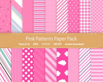 Papel digital con estampado rosa: Rayas, lunares y cuadros (descarga digital)