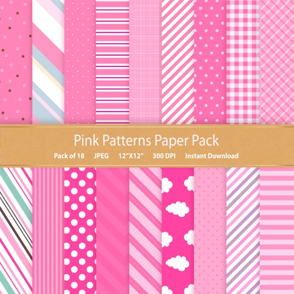 Pink Patterns Digital Paper Pink Stripes Pink Polka dot Pink Plaid Commercial Use Digital Background Digital Scrapbooking Elements Graphics