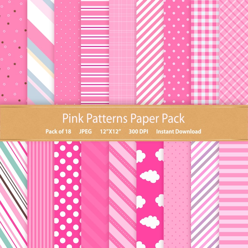 May include: A set of 18 digital paper patterns in pink, white, and light blue. The patterns include stripes, polka dots, clouds, and gingham. The text "Pink Patterns Paper Pack" is at the top of the image. The text "Pack of 18", "JPEG", "12"X12"", "300 DPI", and "Instant Download" is below the title.