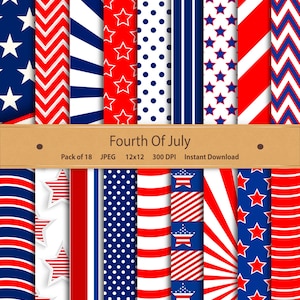 May include: A set of 18 digital papers featuring red, white, and blue patriotic patterns. The patterns include stars, stripes, polka dots, and chevron designs. The papers are 12x12 inches and 300 DPI. Fourth of July digital paper pack, instant download.