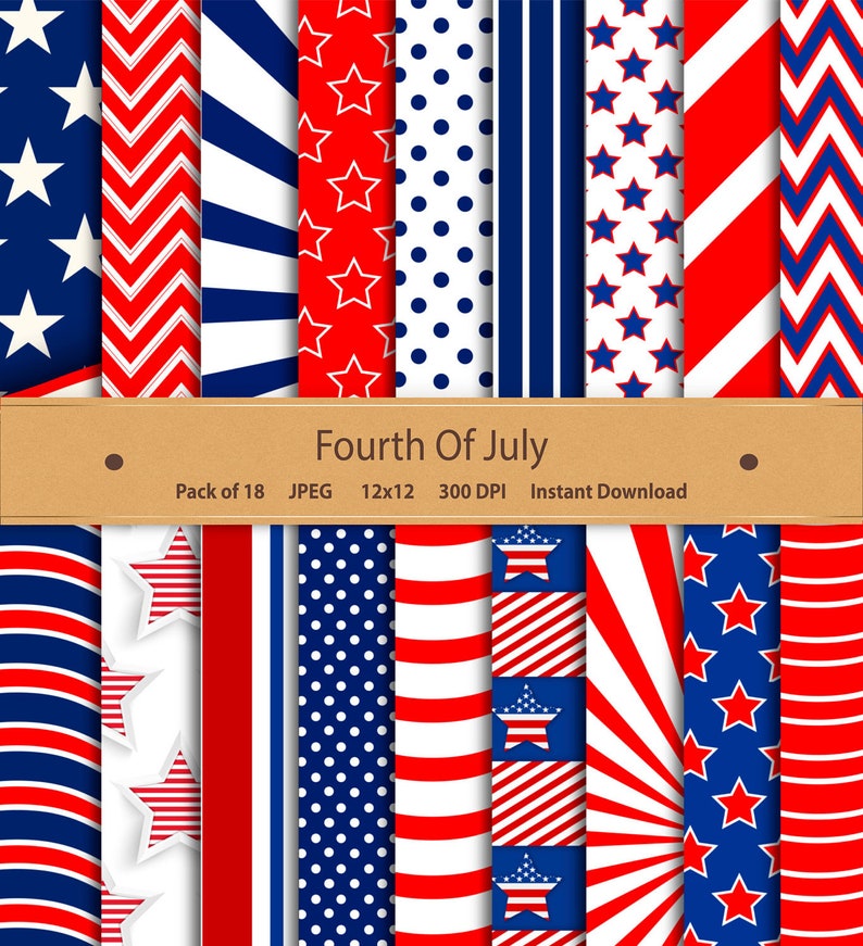 May include: A set of 18 digital papers featuring red, white, and blue patriotic patterns. The patterns include stars, stripes, polka dots, and chevron designs. The papers are 12x12 inches and 300 DPI. Fourth of July digital paper pack, instant download.