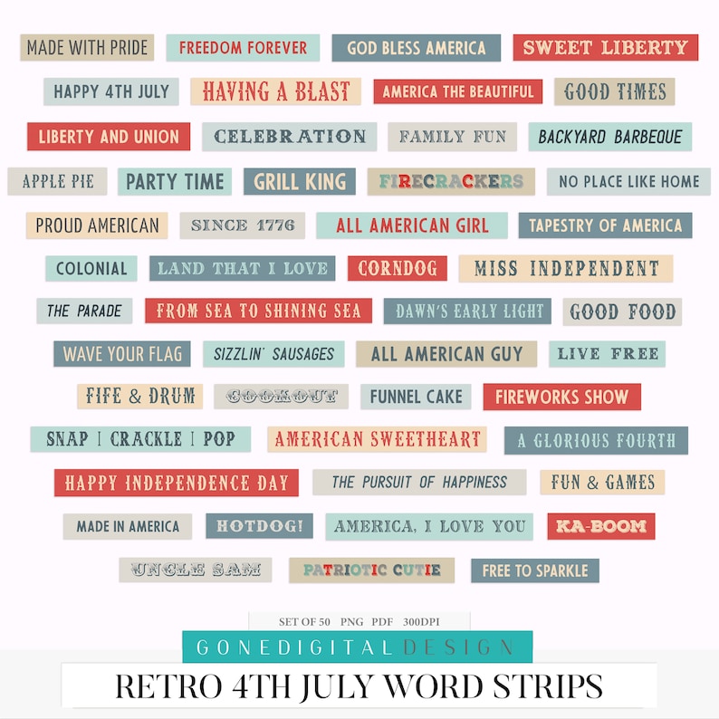 Retro 4th July Word Strips: American Sayings, Quotes (Digital Download) image 1