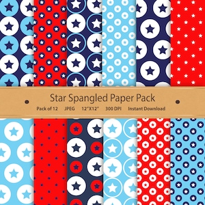May include: A set of 12 digital paper patterns featuring red, white, and blue stars and circles. The patterns are perfect for scrapbooking, card making, and other crafting projects. Star Spangled Paper Pack. Pack of 12 JPEG 12"X12" 300 DPI Instant Download.