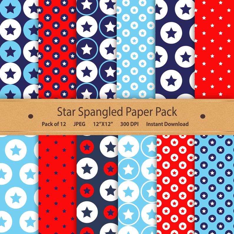 May include: A set of 12 digital paper patterns featuring red, white, and blue stars and circles. The patterns are perfect for scrapbooking, card making, and other crafting projects. Star Spangled Paper Pack. Pack of 12 JPEG 12"X12" 300 DPI Instant Download.