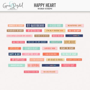 Puede incluir: Un conjunto de 24 tiras de palabras coloridas con frases relacionadas con el amor y la felicidad. Las tiras presentan una variedad de colores y fuentes, incluyendo "Happy in Love", "My Sweetheart", "So Loving", y "You Have My Heart".