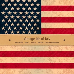 Puede incluir: Un paquete de papel digital de estilo vintage con 14 im&aacute;genes de un dise&ntilde;o de bandera estadounidense desgastado. El paquete incluye im&aacute;genes de 12x12 pulgadas a 300 DPI. El texto "Vintage 4th of July" se muestra en una pancarta marr&oacute;n.