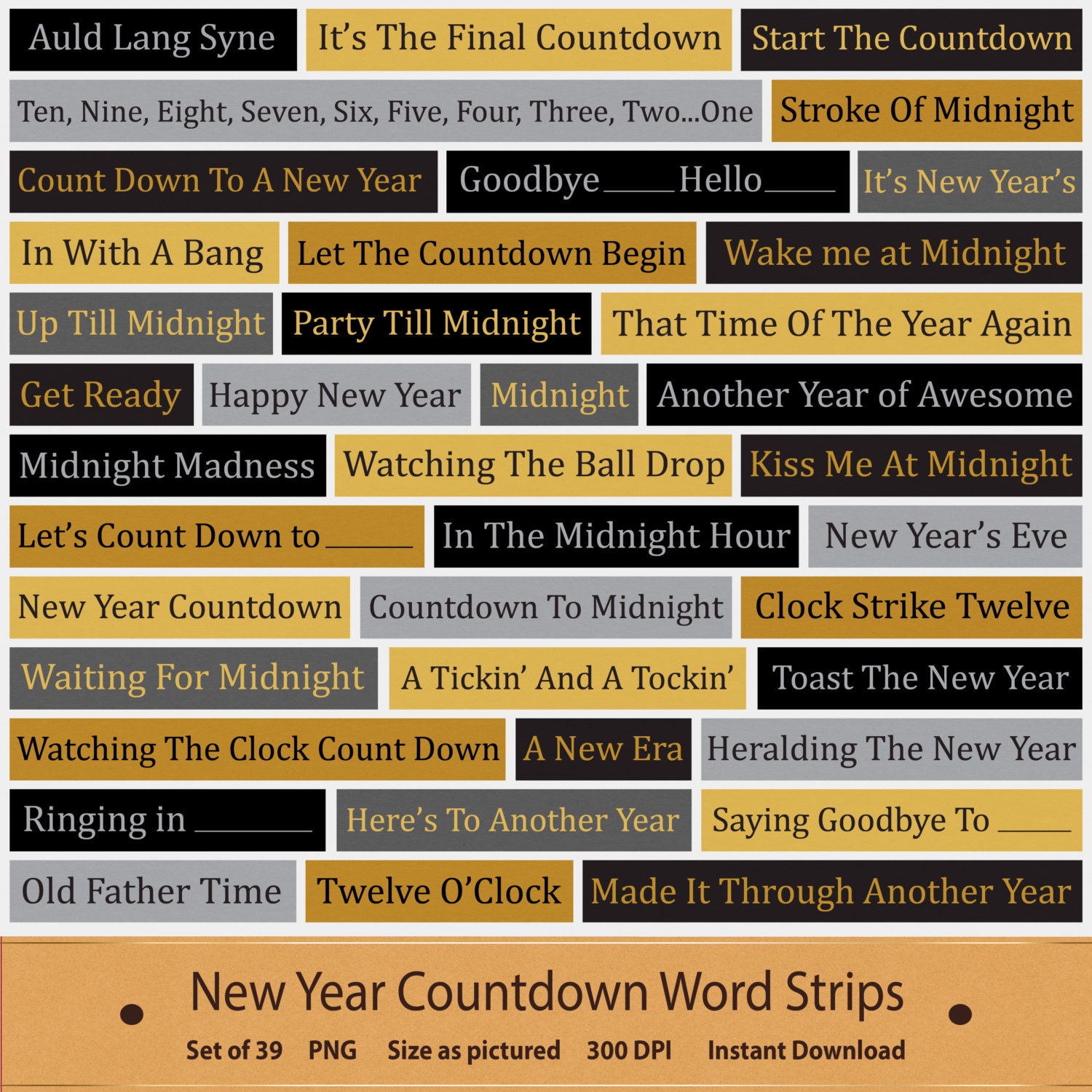 new year countdown word strips black gold silver clip art word etsy australia