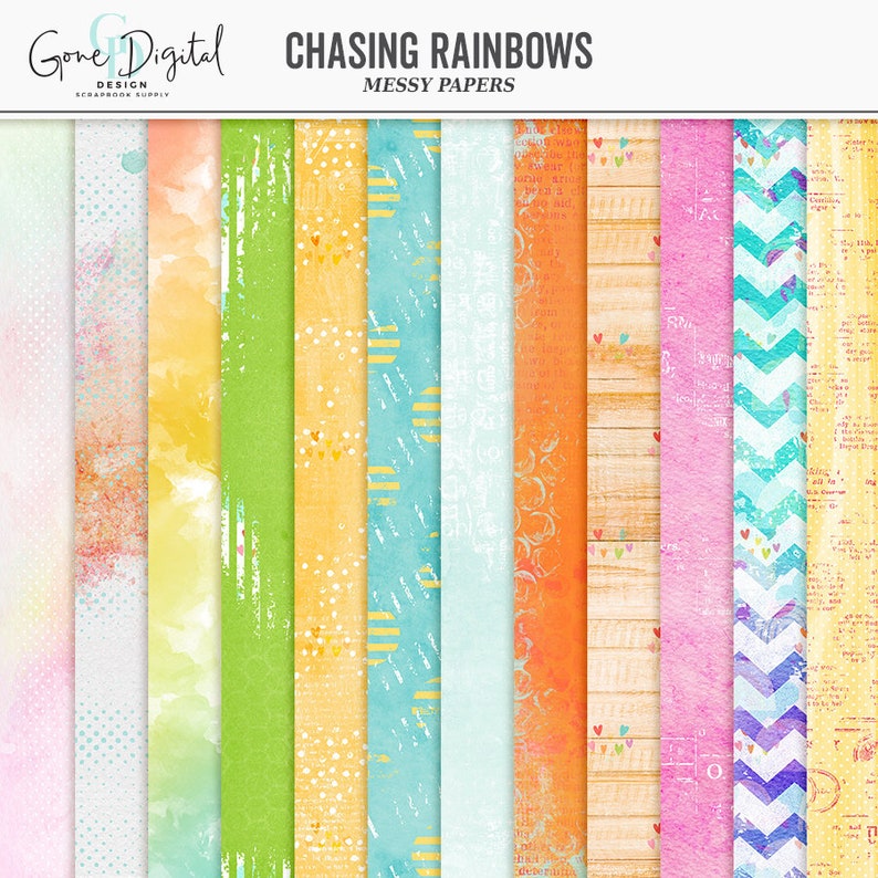 May include: A set of 10 digital papers with a rainbow theme. The papers feature a variety of patterns, including watercolor, stripes, polka dots, and chevron. The papers are perfect for scrapbooking, card making, and other paper crafts.