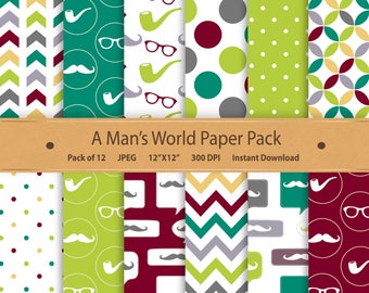 Digital Father Paper Pack Fathers Day Printable Moustache Paper Mustache Paper Chevron Pattern Paper 12x12 Printable Paper Download Dad Male