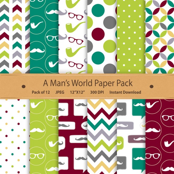 Fathers Day Digital Father Paper Pack Fathers Day Tags Moustache Paper Mustache Paper Chevron Paper 12x12 Printable Paper Instant Download Il_570xn