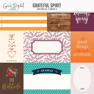 May include: A set of printable journal cards with a fall theme. The cards feature various designs including a floral heart, a wreath, a banner with the word "gratitude", and a woodgrain background with the text "appreciation for all things".