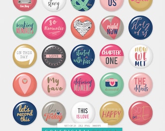 Love Story Digital Flair Printable PDF Button Flairs Print Sheet Circle Collage Sheet Digital Scrapbook Button Full Sheet PNG Valentine