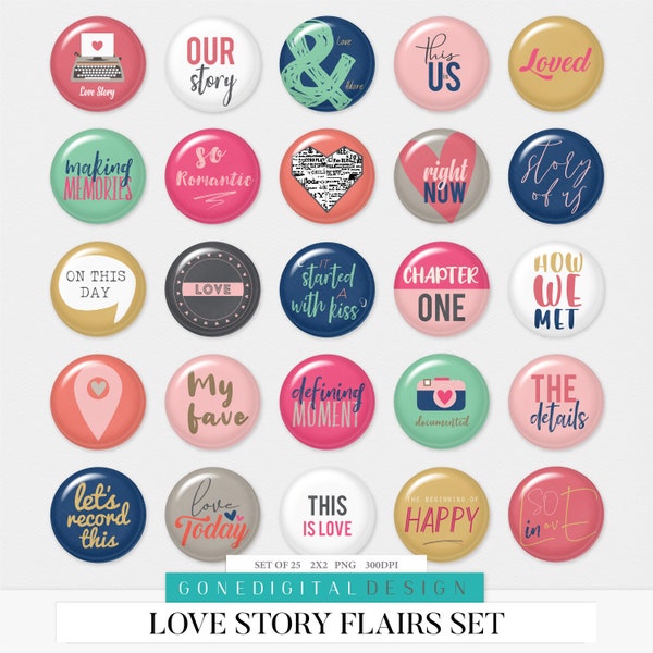 Love Story Digital Flair Printable PDF Button Flairs Print Sheet Circle Collage Sheet Digital Scrapbook Button Full Sheet PNG Valentine