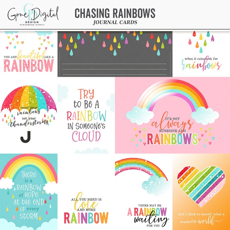 May include: A set of printable journal cards featuring colorful rainbows, clouds, and inspirational quotes about rainbows. The quotes include "You are beautiful like a rainbow", "Try to be a rainbow in someone's cloud", "It's not always sunshine and rainbows", "There is a rainbow of hope at the end of every storm", "All you need is love and more rainbow", and "There may be a rainbow waiting for you".