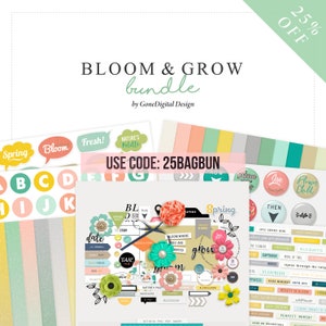 May include: A digital scrapbooking kit with a spring theme. The kit includes a variety of elements, such as papers, stickers, and alphabetic letters. The kit is designed to be used with digital scrapbooking software. The kit is available for 25% off with the code 25BAGBUN.