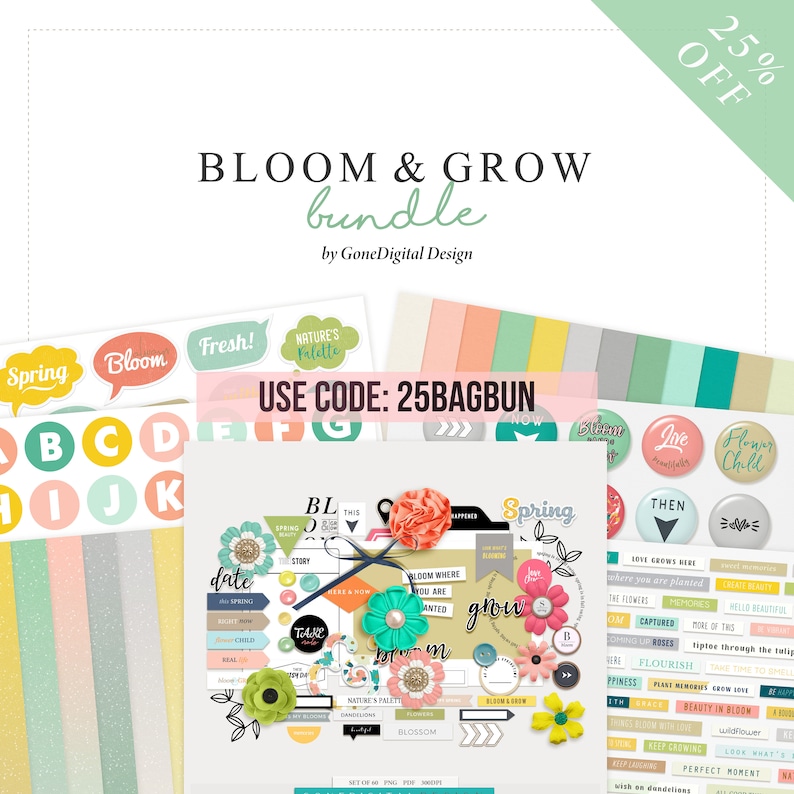 May include: A digital scrapbooking kit with a spring theme. The kit includes a variety of elements, such as papers, stickers, and alphabetic letters. The kit is designed to be used with digital scrapbooking software. The kit is available for 25% off with the code 25BAGBUN.